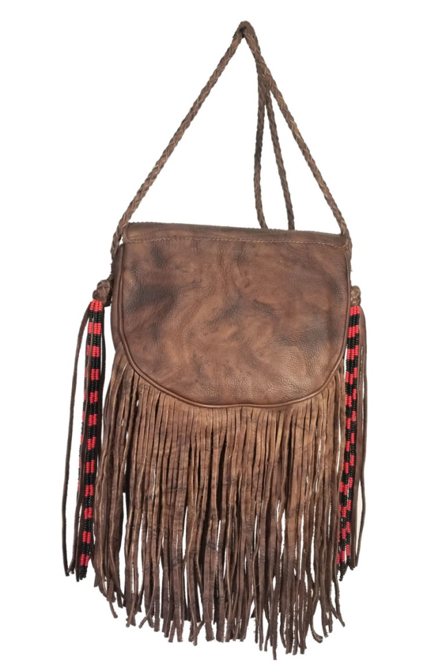 (image for) Native Sun Brass Beaded Fringe Leather Shoulder Bag